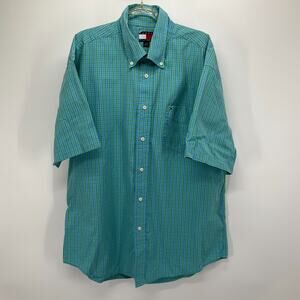 Tommy Hilfiger Large Blue Green Plaid Check Short Sleeve Button-Up Shirt Preppy